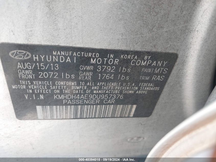 KMHDH4AE9DU957376 2013 Hyundai Elantra Gls