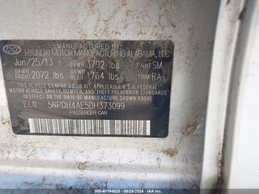 5NPDH4AE5DH373099 2013 Hyundai Elantra Gls