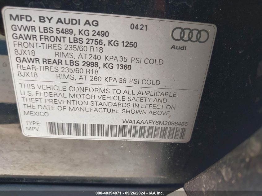 2021 Audi Q5 Premium VIN: WA1AAAFY6M2086486 Lot: 40394071