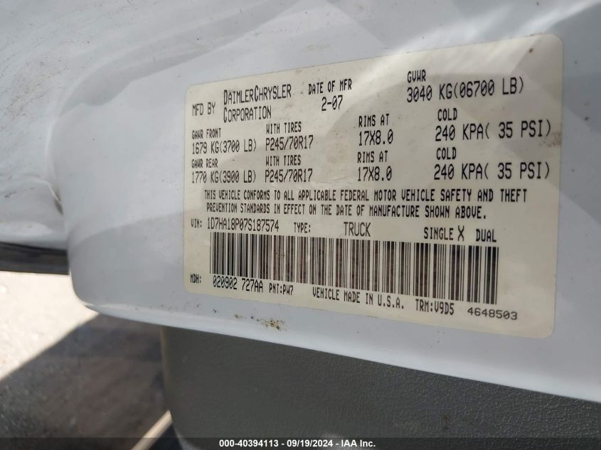 2007 Dodge Ram 1500 Slt VIN: 1D7HA18P07S187574 Lot: 40394113