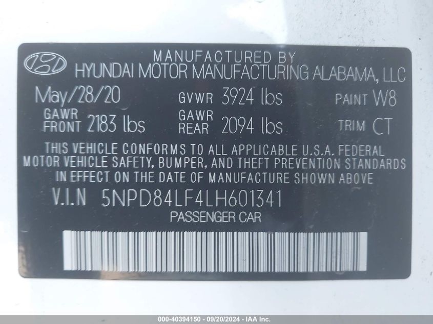 2020 Hyundai Elantra Sel VIN: 5NPD84LF4LH601341 Lot: 40394150