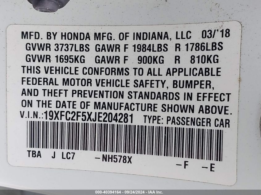 19XFC2F5XJE204281 2018 Honda Civic Lx