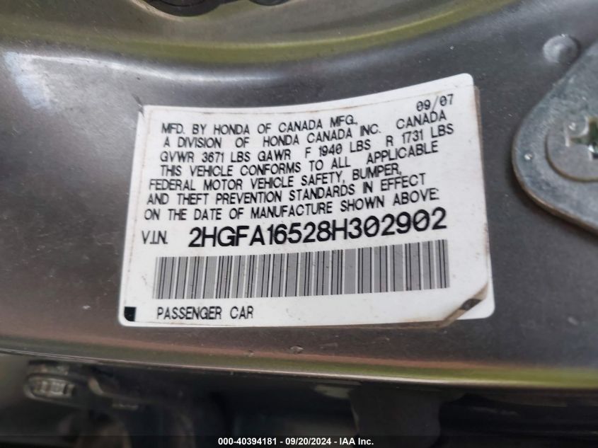 2HGFA16528H302902 2008 Honda Civic Lx