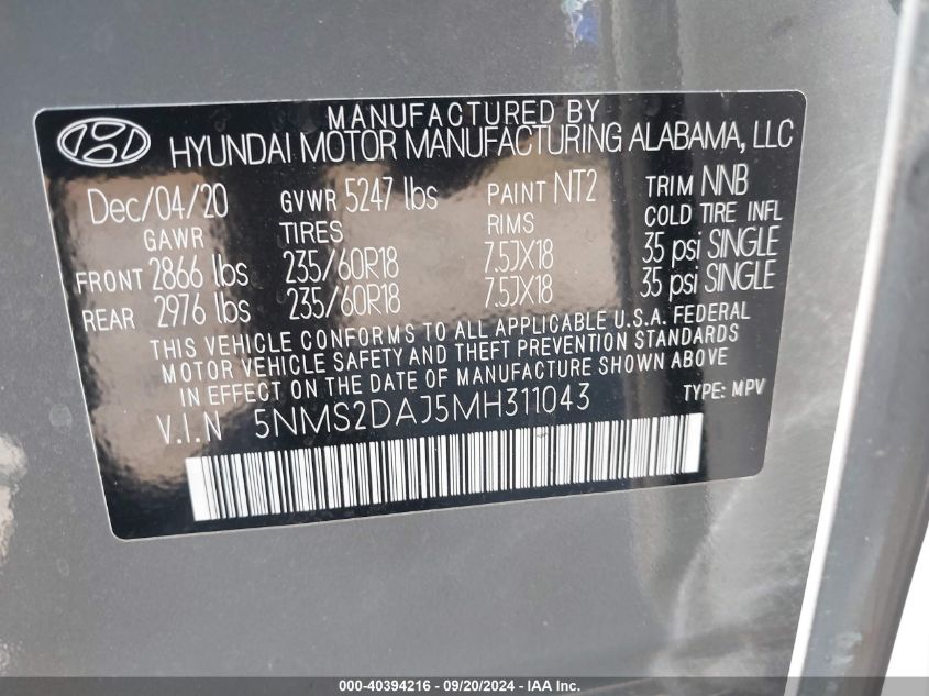 2021 Hyundai Santa Fe Sel VIN: 5NMS2DAJ5MH311043 Lot: 40394216