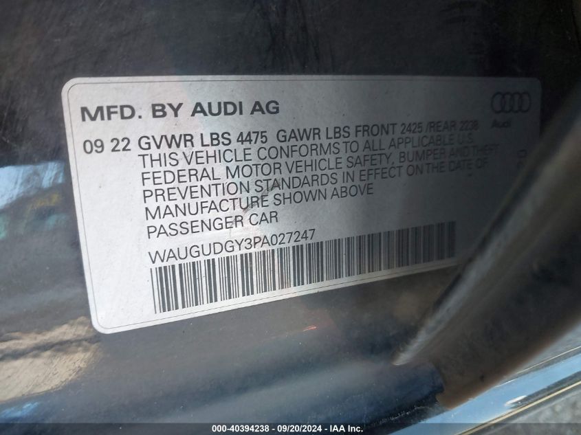 2023 Audi A3 Premium 40 Tfsi Quattro S Tronic VIN: WAUGUDGY3PA027247 Lot: 40394238