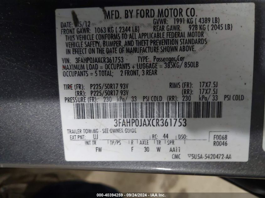 2012 Ford Fusion Sel VIN: 3FAHP0JAXCR361753 Lot: 40394259