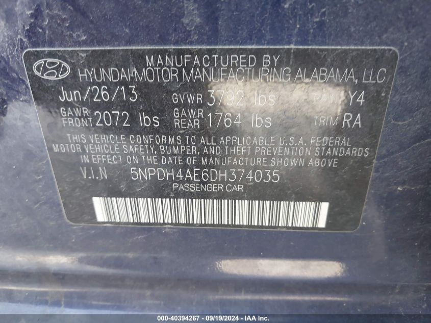 5NPDH4AE6DH374035 2013 Hyundai Elantra Gls