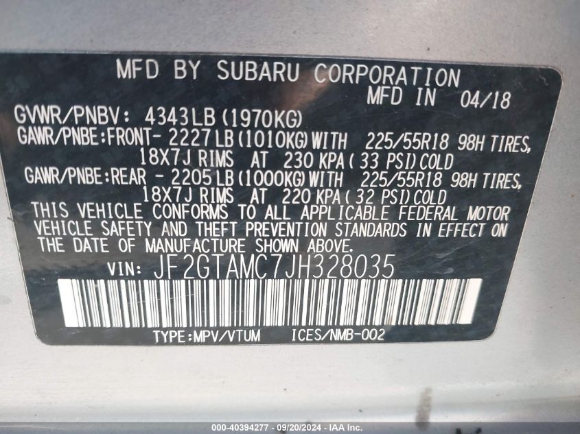 JF2GTAMC7JH328035 2018 Subaru Crosstrek Limited