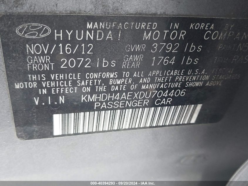 2013 Hyundai Elantra Limited VIN: KMHDH4AEXDU704406 Lot: 40394293