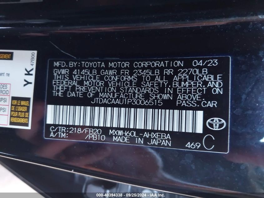 2023 Toyota Prius Le VIN: JTDACAAU1P3006515 Lot: 40394338