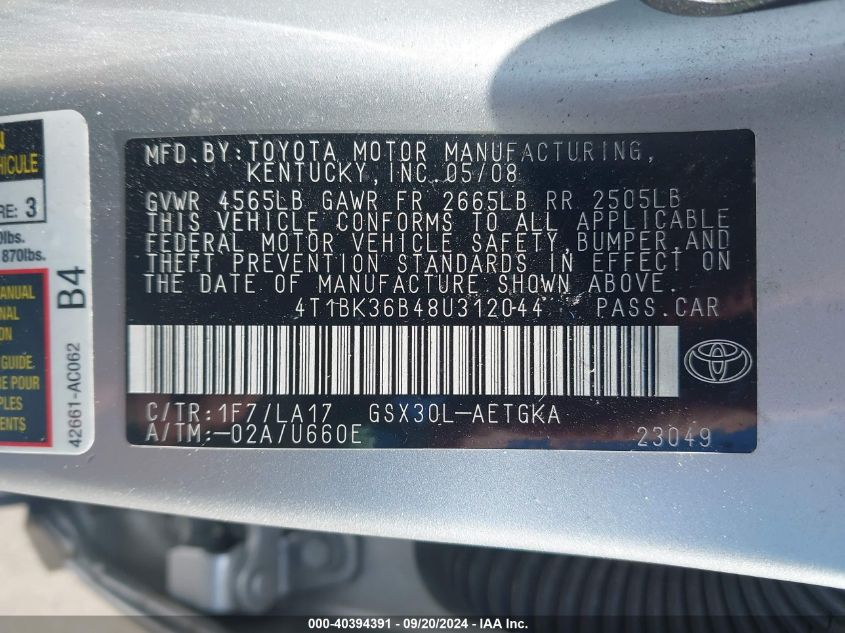 4T1BK36B48U312044 2008 Toyota Avalon Xls