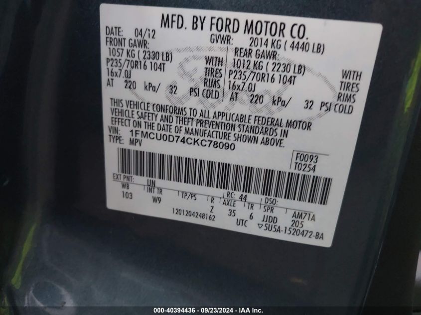 1FMCU0D74CKC78090 2012 Ford Escape Xlt