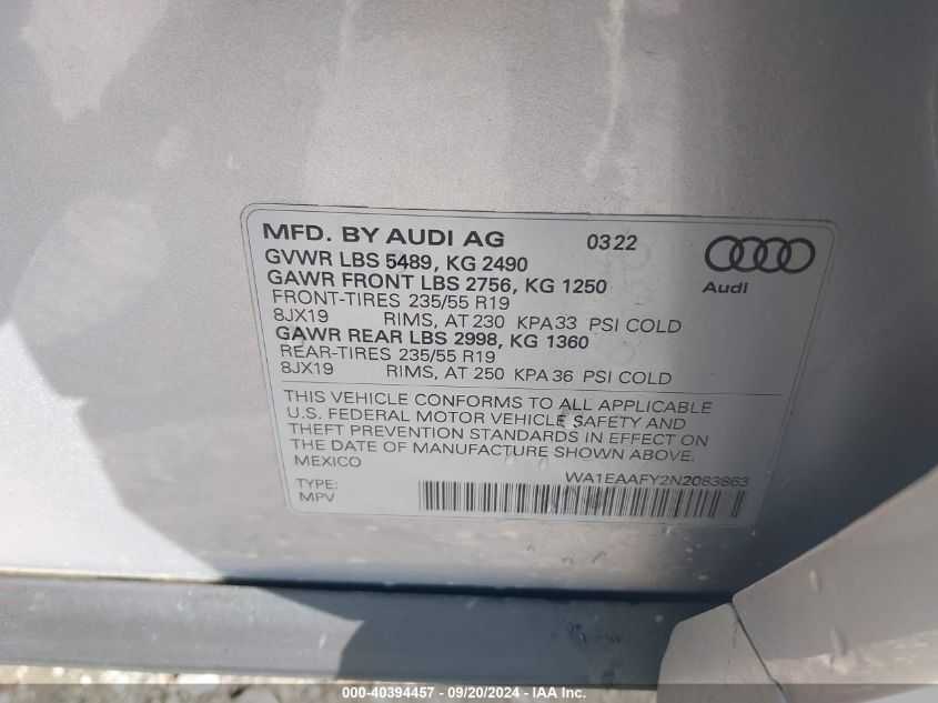 2022 Audi Q5 Premium Plus 45 Tfsi S Line Quattro S Tronic VIN: WA1EAAFY2N2083863 Lot: 40394457