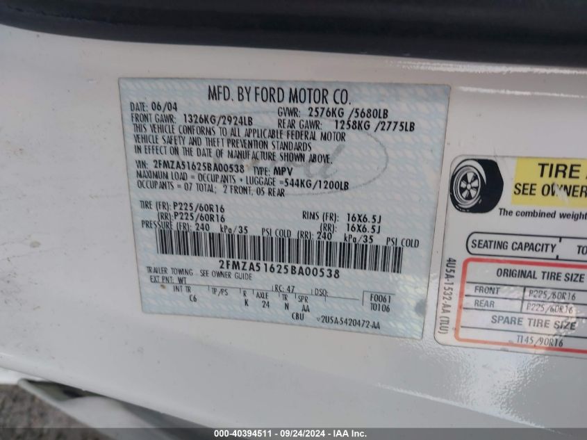 2FMZA51625BA00538 2005 Ford Freestar Se