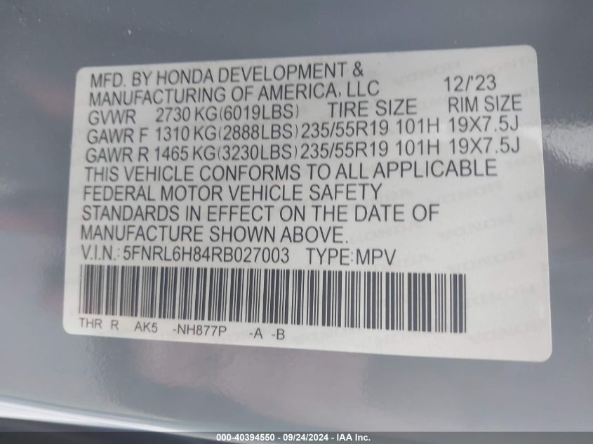 2024 Honda Odyssey Touring VIN: 5FNRL6H84RB027003 Lot: 40394550