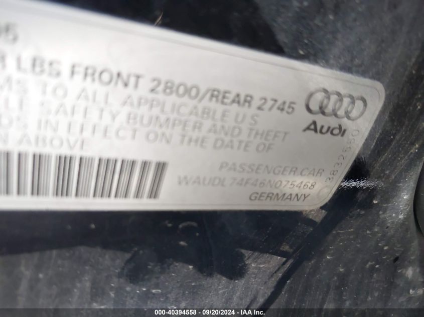 2006 Audi A6 4.2 VIN: WAUDL74F46N075468 Lot: 40394558