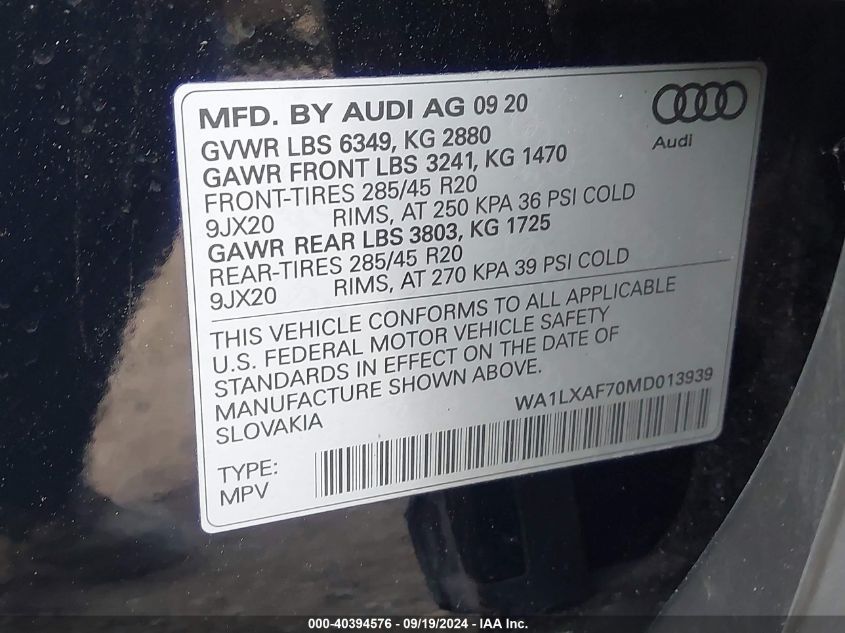 2021 Audi Q7 Premium Plus 55 Tfsi Quattro Tiptronic VIN: WA1LXAF70MD013939 Lot: 40394576