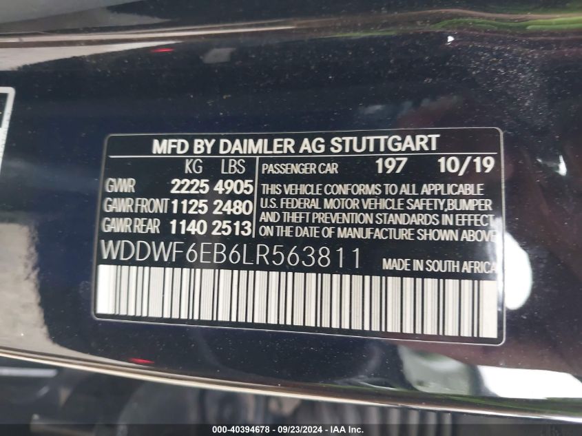 2020 Mercedes-Benz C 43 Amg VIN: WDDWF6EB6LR563811 Lot: 40394678