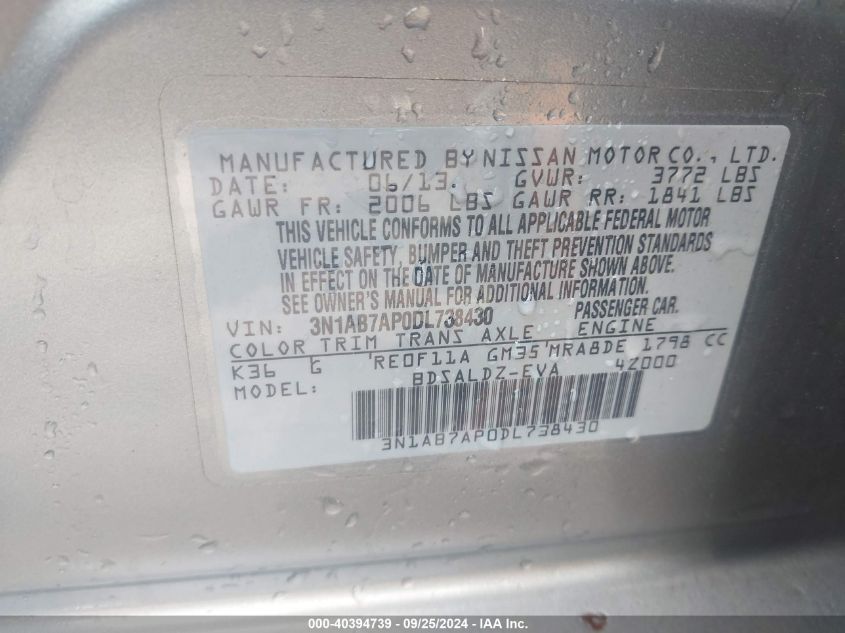 3N1AB7AP0DL738430 2013 Nissan Sentra Sv