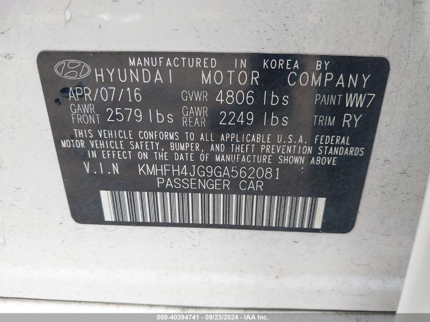 2016 Hyundai Azera Limited VIN: KMHFH4JG9GA562081 Lot: 40394741