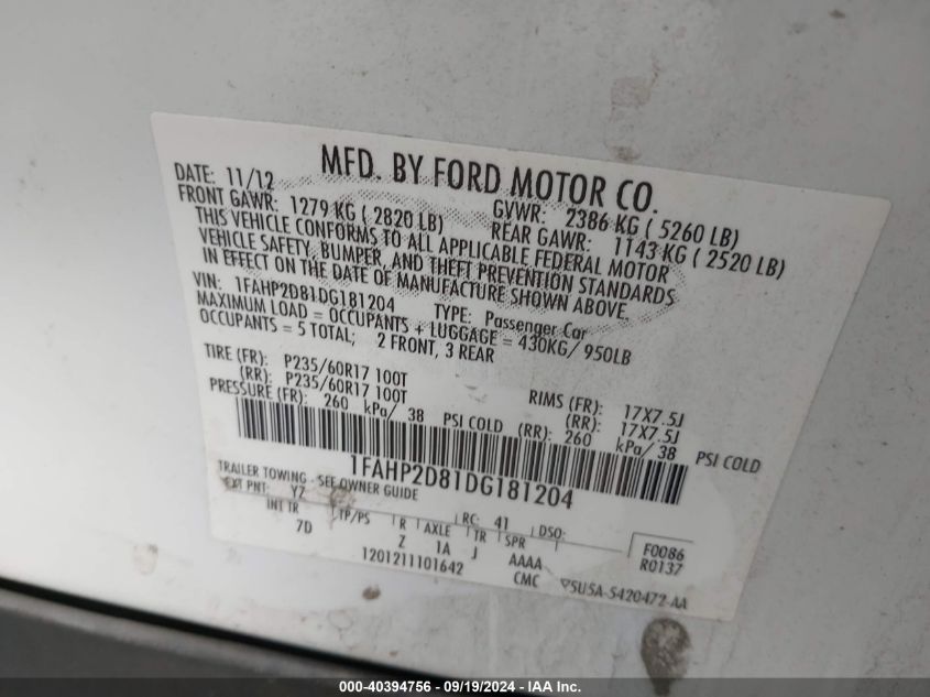 1FAHP2D81DG181204 2013 Ford Taurus Se