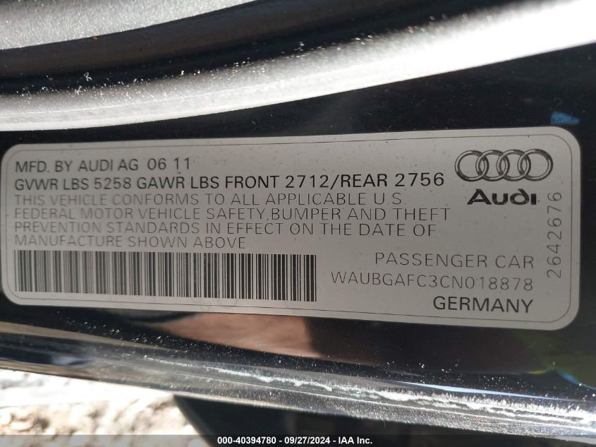 2012 Audi A6 3.0 Premium VIN: WAUBGAFC3CN018878 Lot: 40394780