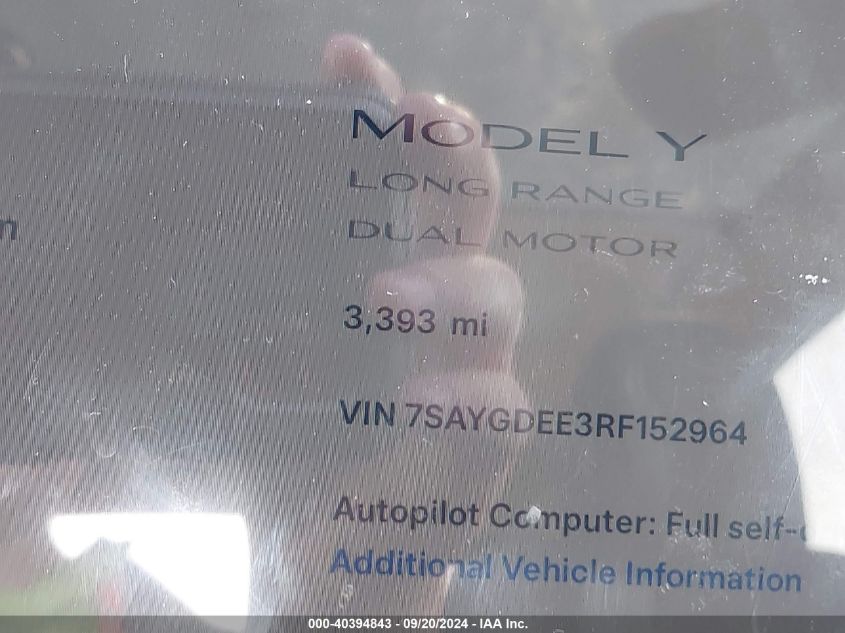 2024 Tesla Model Y Long Range Dual Motor All-Wheel Drive VIN: 7SAYGDEE3RF152964 Lot: 40394843