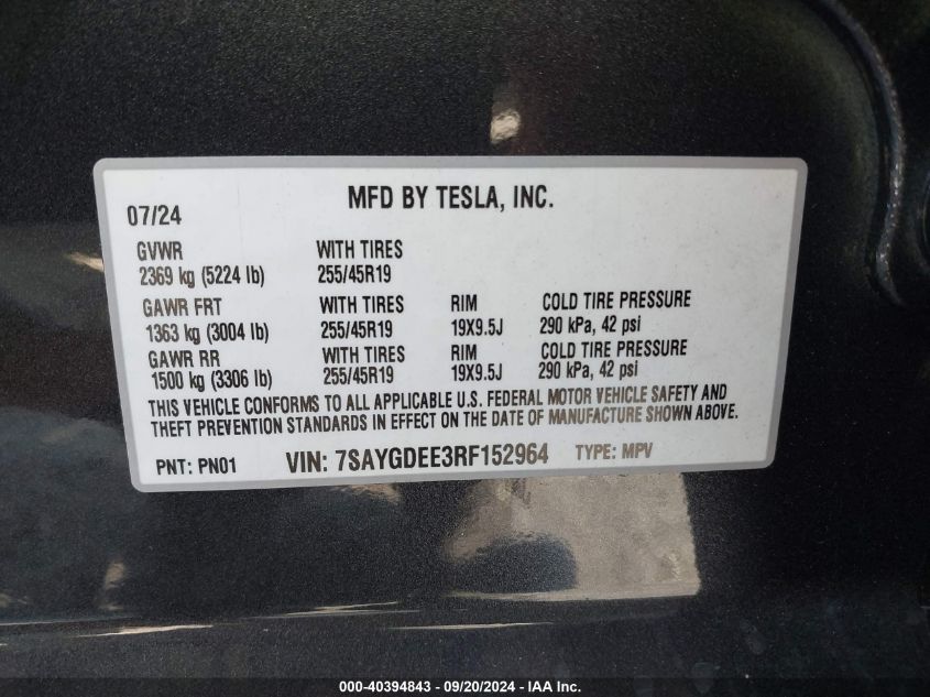 2024 Tesla Model Y Long Range Dual Motor All-Wheel Drive VIN: 7SAYGDEE3RF152964 Lot: 40394843