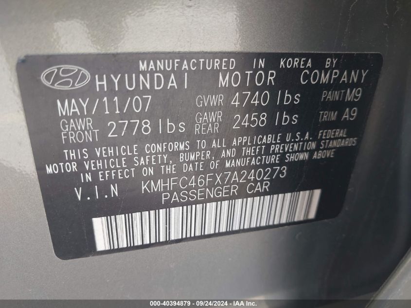 2007 Hyundai Azera Limited/Se VIN: KMHFC46FX7A240273 Lot: 40394879