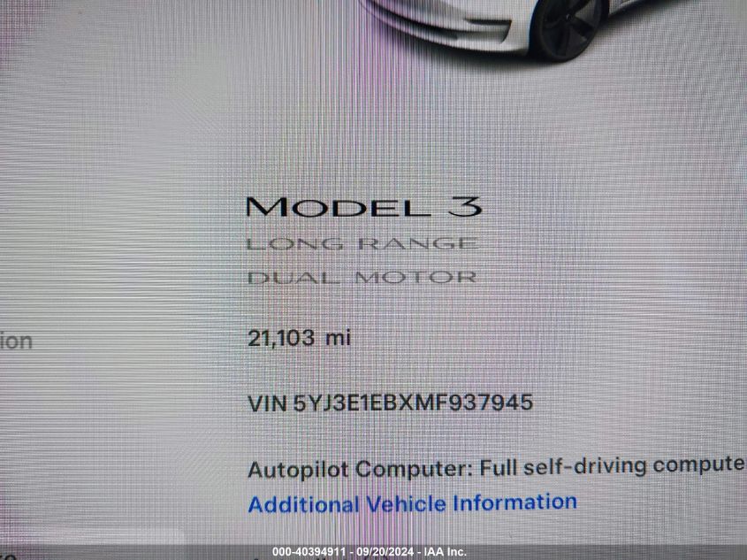 2021 Tesla Model 3 Long Range Dual Motor All-Wheel Drive VIN: 5YJ3E1EBXMF937945 Lot: 40394911