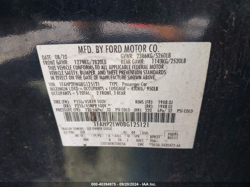 1FAHP2EW0BG125121 2011 Ford Taurus Sel