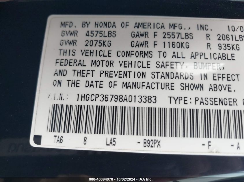 1HGCP36798A013383 2008 Honda Accord 3.5 Ex