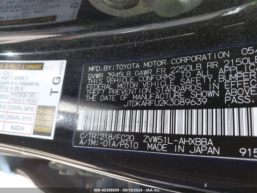 2019 Toyota Prius L Eco VIN: JTDKARFU2K3089639 Lot: 40395009