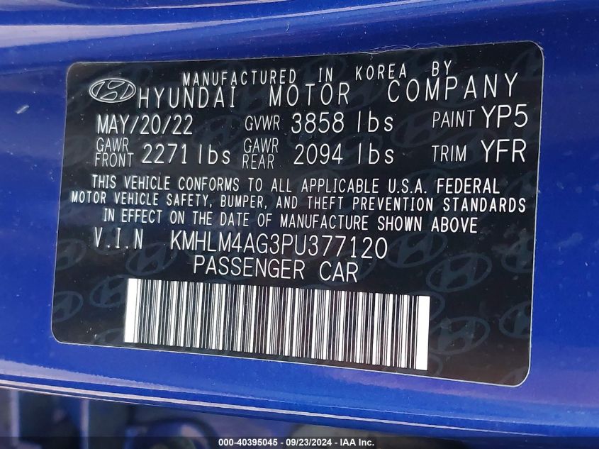 2023 Hyundai Elantra Sel VIN: KMHLM4AG3PU377120 Lot: 40395045