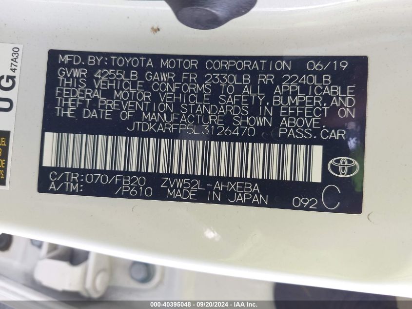 2020 Toyota Prius Prime Le VIN: JTDKARFP5L3126470 Lot: 40395048