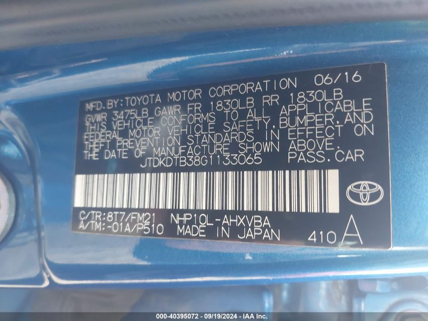 JTDKDTB38G1133065 2016 Toyota Prius C Two