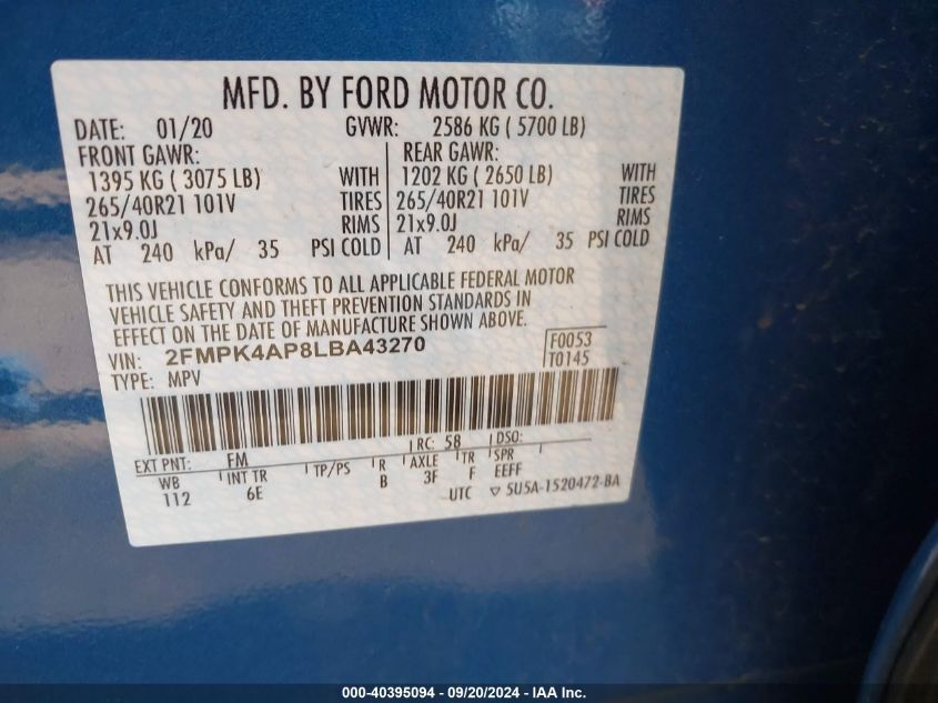 2020 Ford Edge St VIN: 2FMPK4AP8LBA43270 Lot: 40395094