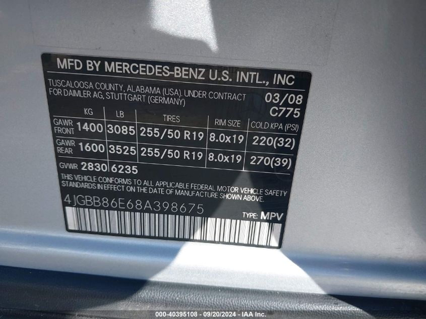 4JGBB86E68A398675 2008 Mercedes-Benz Ml 350 4Matic