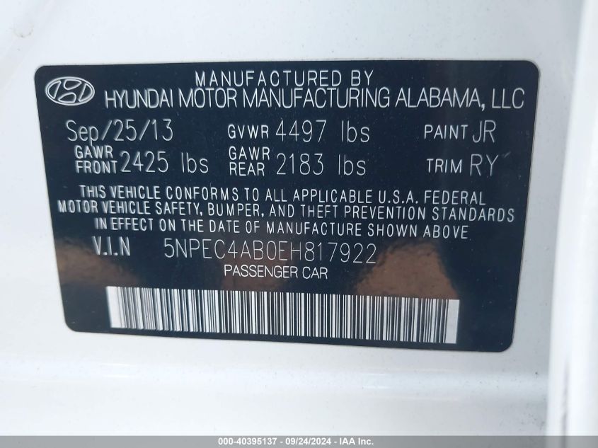 5NPEC4AB0EH817922 2014 Hyundai Sonata Se/Limited