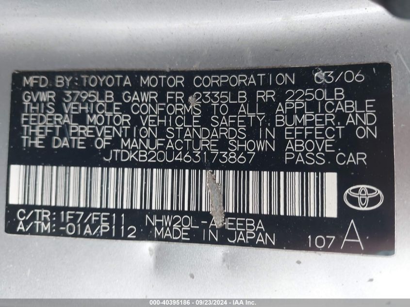 2006 Toyota Prius VIN: JTDKB20U463173867 Lot: 40395186