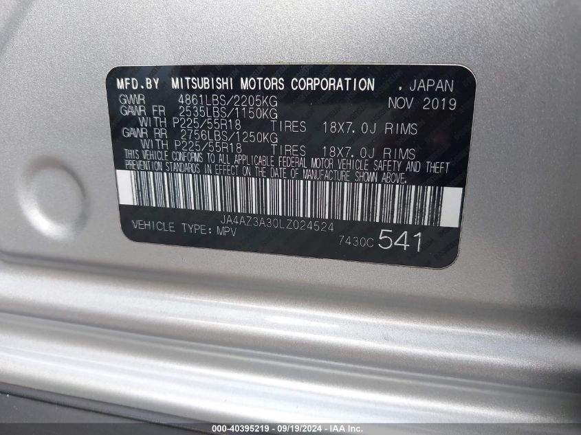 2020 Mitsubishi Outlander Sel 2.4 S-Awc VIN: JA4AZ3A30LZ024524 Lot: 40395219