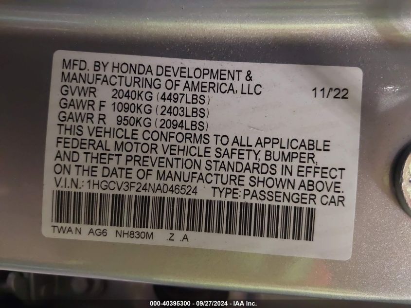 1HGCV3F24NA046524 2022 Honda Accord Hybrid Sport