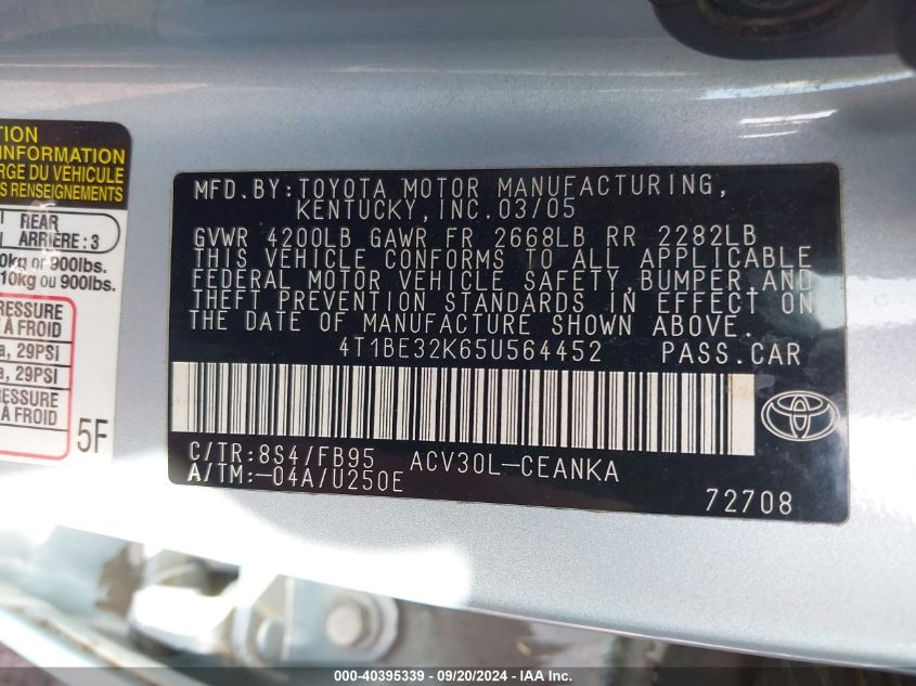 4T1BE32K65U564452 2005 Toyota Camry Le