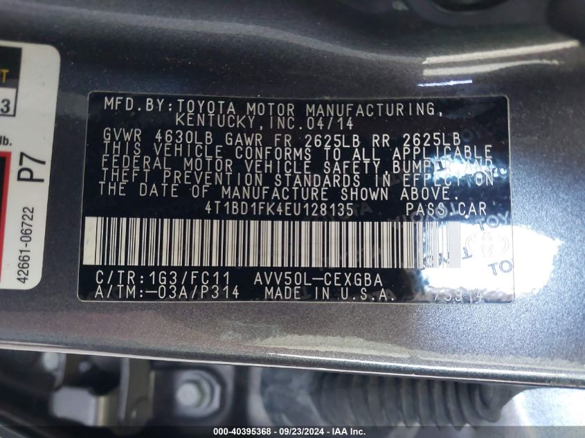 2014 Toyota Camry Hybrid Hybrid/Le/Xle VIN: 4T1BD1FK4EU128135 Lot: 40395368