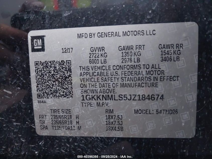 1GKKNMLS5JZ184674 2018 GMC Acadia Slt-1