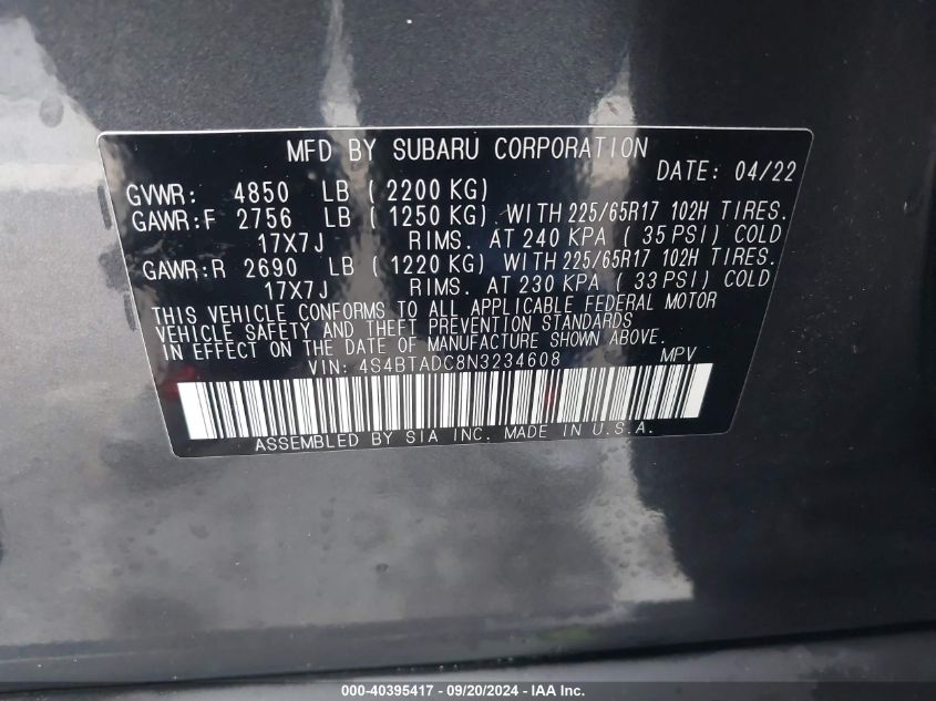 4S4BTADC8N3234608 2022 Subaru Outback Premium