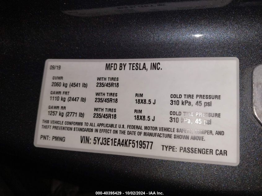 5YJ3E1EA4KF519577 2019 Tesla Model 3