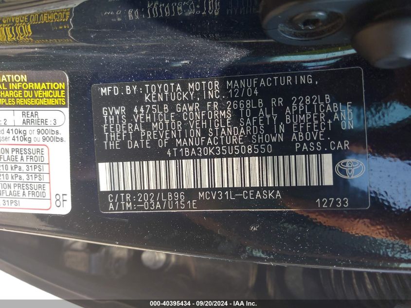 4T1BA30K35U508550 2005 Toyota Camry Se V6