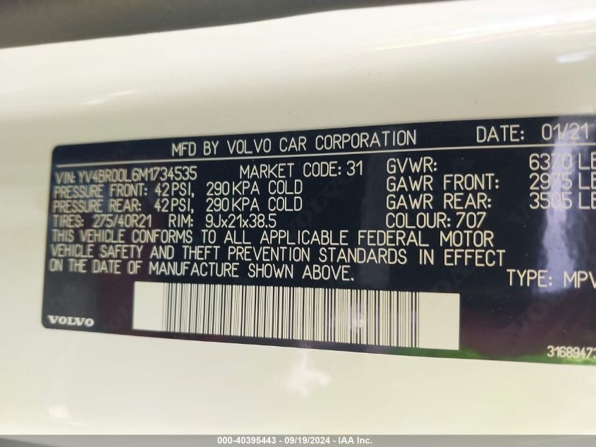 YV4BR00L6M1734535 2021 Volvo Xc90 Recharge Plug-In Hybrid T8 Inscription 6 Passenger