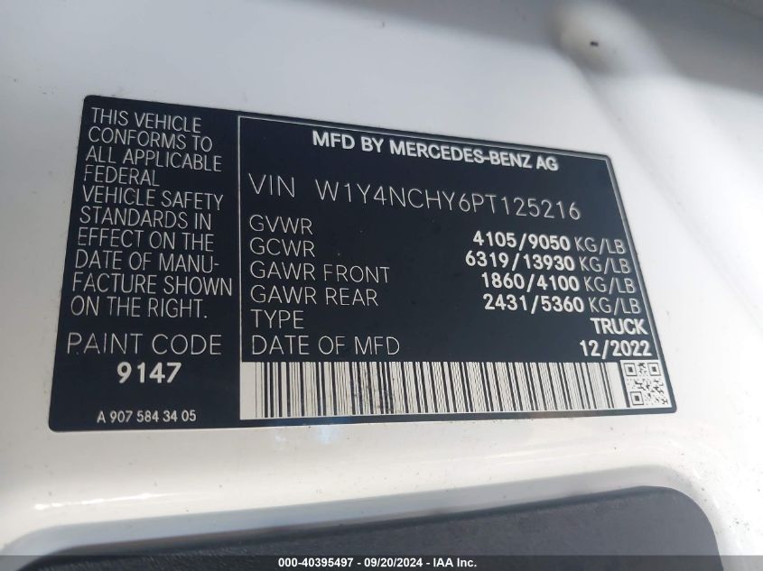 2023 Mercedes-Benz Sprinter 2500 High Roof 4-Cyl Diesel Ho VIN: W1Y4NCHY6PT125216 Lot: 40395497